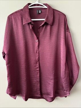Vero Moda Drop Shoulder Satin Button-Down Shirt - Wine